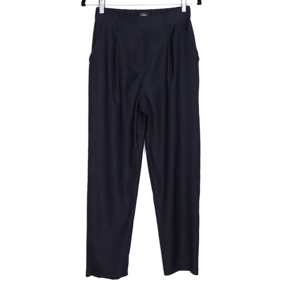 LULUS Satin Pleated Pull On Pant Black High Rise Tapered Fit Unlined Women's S